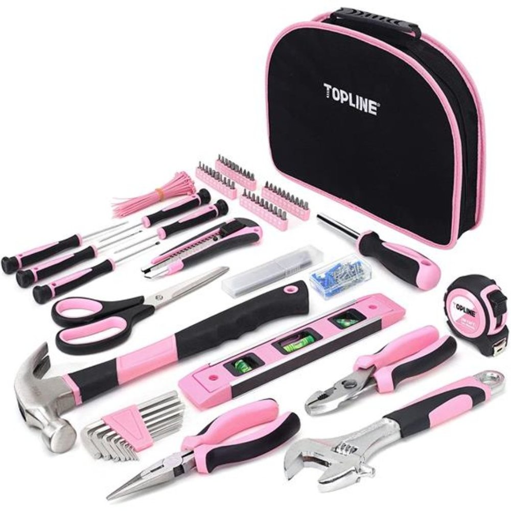 208-Piece Pink Tool Kits for Women with Round Pouch, Small Tools Kit for Home